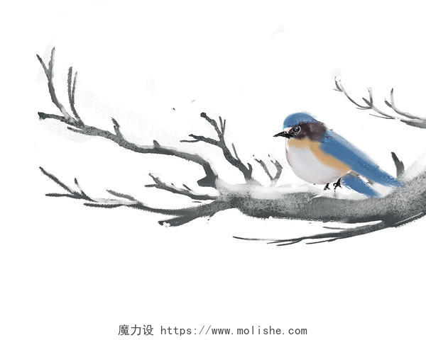 彩色手绘古风中国风树枝小鸟冬天冬季冬至元素PNG素材
